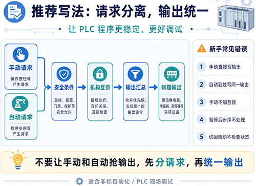 PLC程序中手動(dòng)和自動(dòng)只提請(qǐng)求,輸出統(tǒng)一管理 PLC程序中手動(dòng)和自動(dòng)只提請(qǐng)求,輸出統(tǒng)一管理